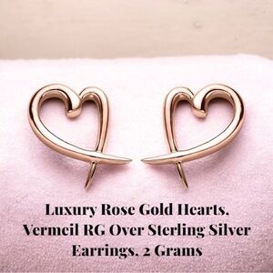 Luxury Rose Gold Hearts, Vermeil RG Over Sterling Silver Earrings, 2 Grams